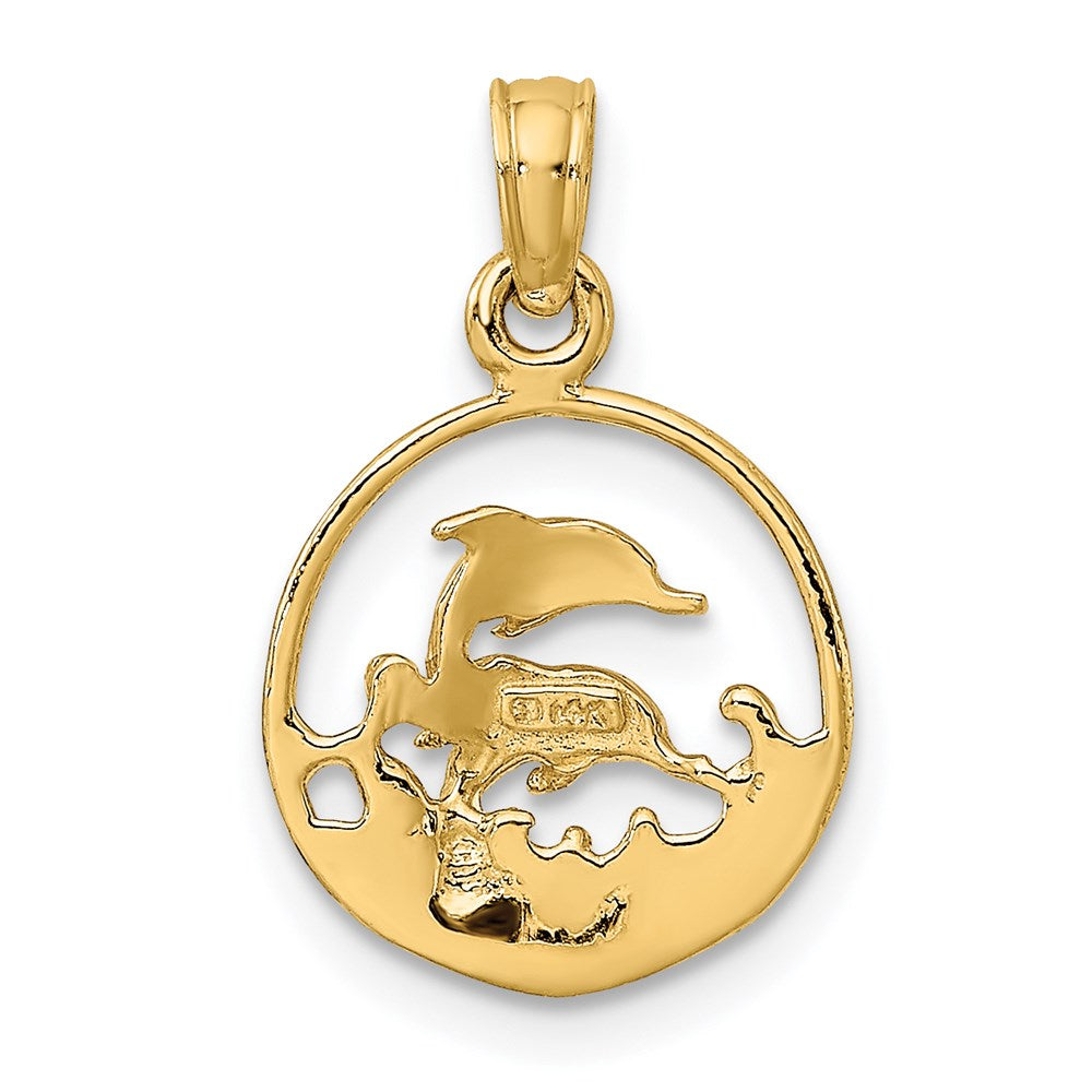 14k Yellow Gold 12.4 mm Two Dolphins in Circle Charm (0.91 grams)