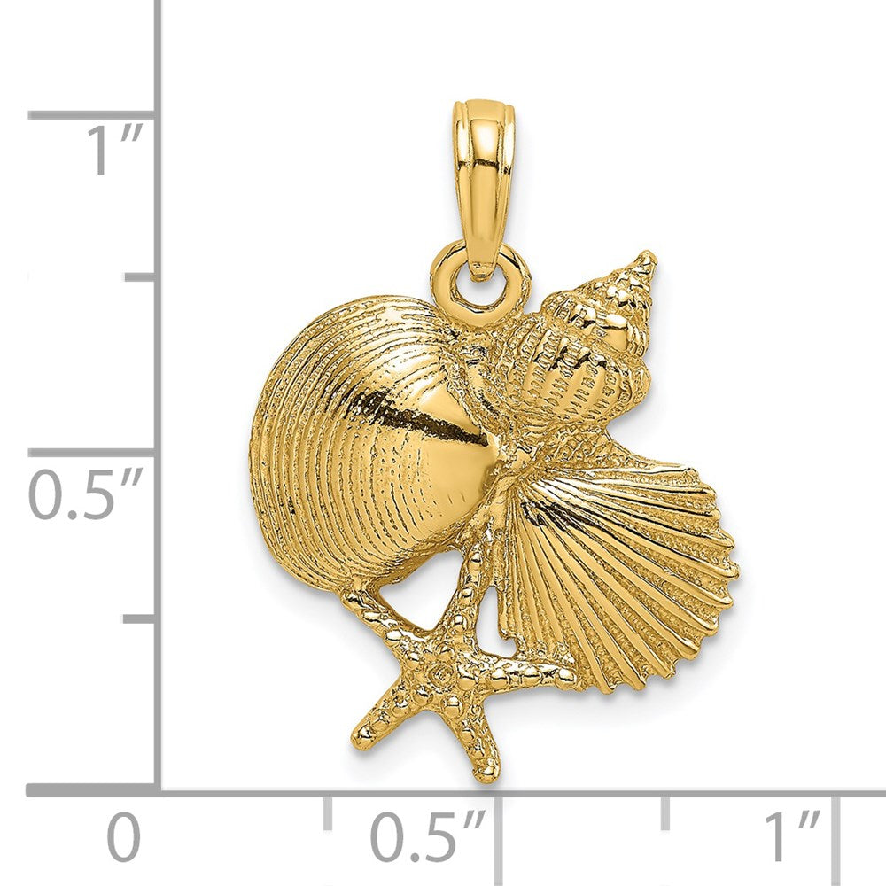 14k Yellow Gold 18 mm Textured Shell Cluster and Starfish Charm (2.69 grams)