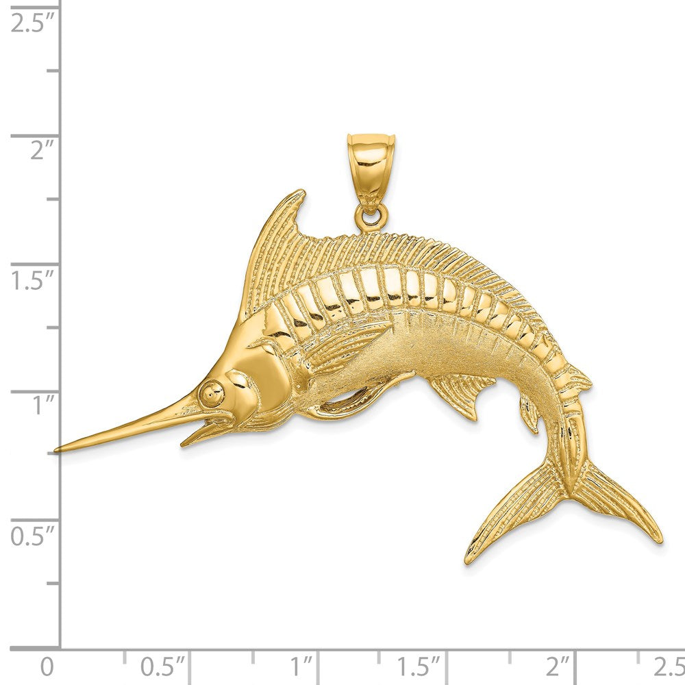 14k Yellow Gold 60 mm 2-D Polished / Satin Blue Marlin Charm (11.12 grams)