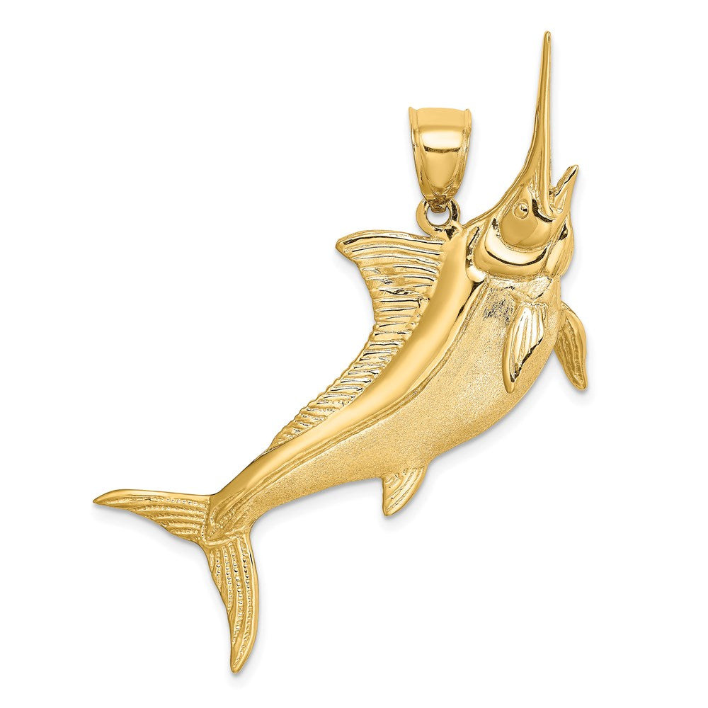 14k Yellow Gold 52 mm 3-D Satin / Polished Marlin Charm (12.2 grams)