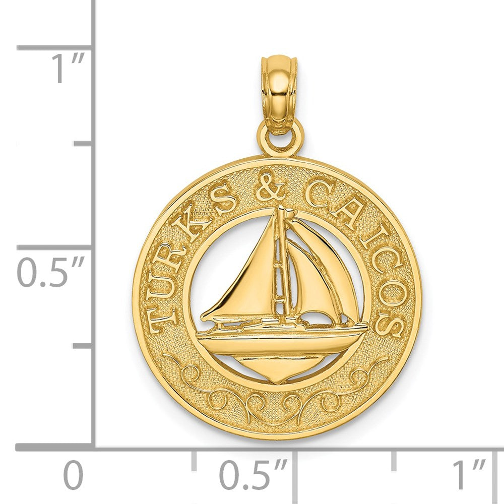 14k Yellow Gold 18.7 mm TURKS AND CAICOS Circle w/ Sailboat Charm (2.03 grams)