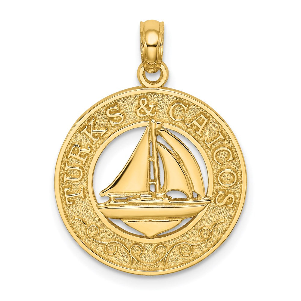 14k Yellow Gold 18.7 mm TURKS AND CAICOS Circle w/ Sailboat Charm (2.03 grams)