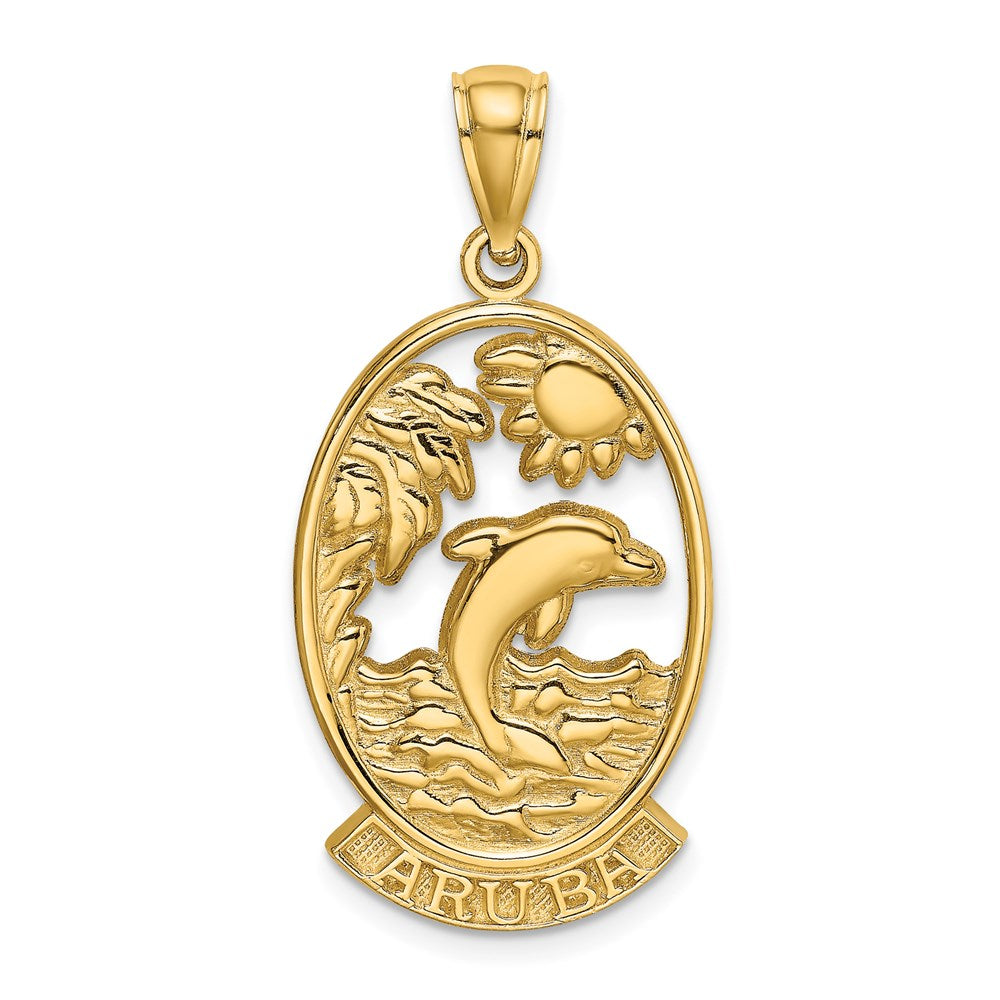 14k Yellow Gold 15.3 mm ARUBA W/ Dolphin Sunset In Frame Charm (2.8 grams)