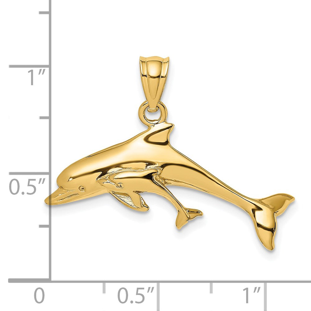 14k Yellow Gold 30.85 mm Polished Dolphin and Baby Charm (2.67 grams)