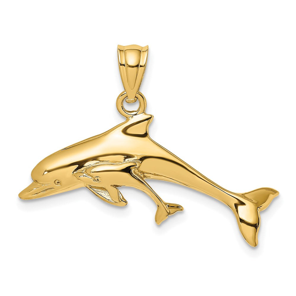 14k Yellow Gold 30.85 mm Polished Dolphin and Baby Charm (2.67 grams)