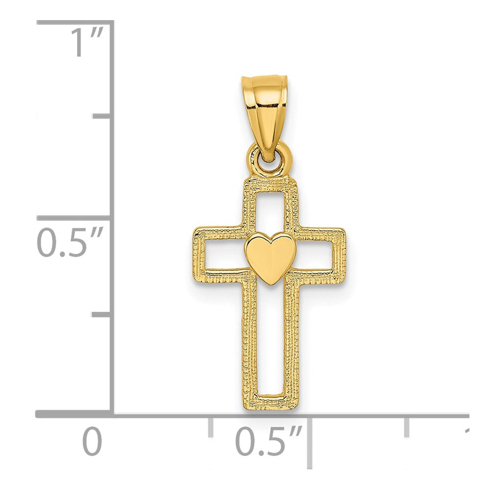 14k Yellow Gold 10 mm Cut-Out Cross w/ Heart Charm (0.57 grams)