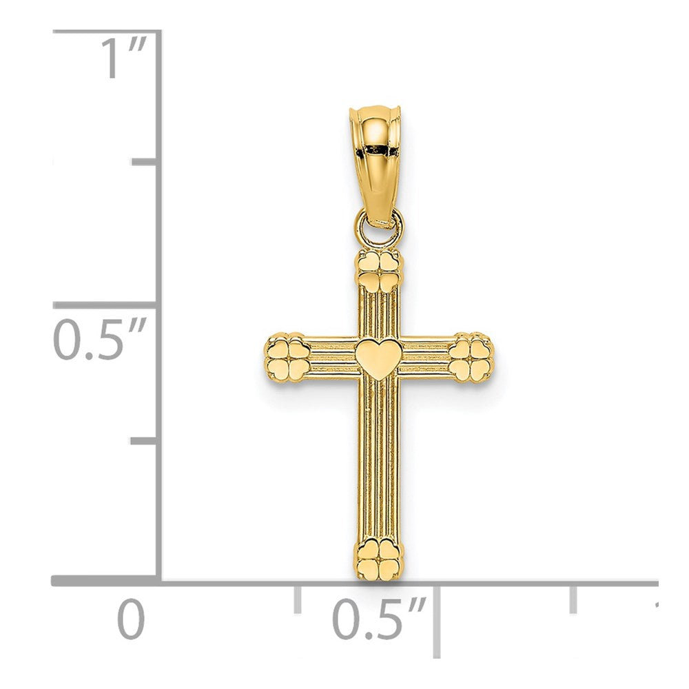 14k Yellow Gold 10 mm Textured w/ Center Heart Small Cross Charm (0.48 grams)
