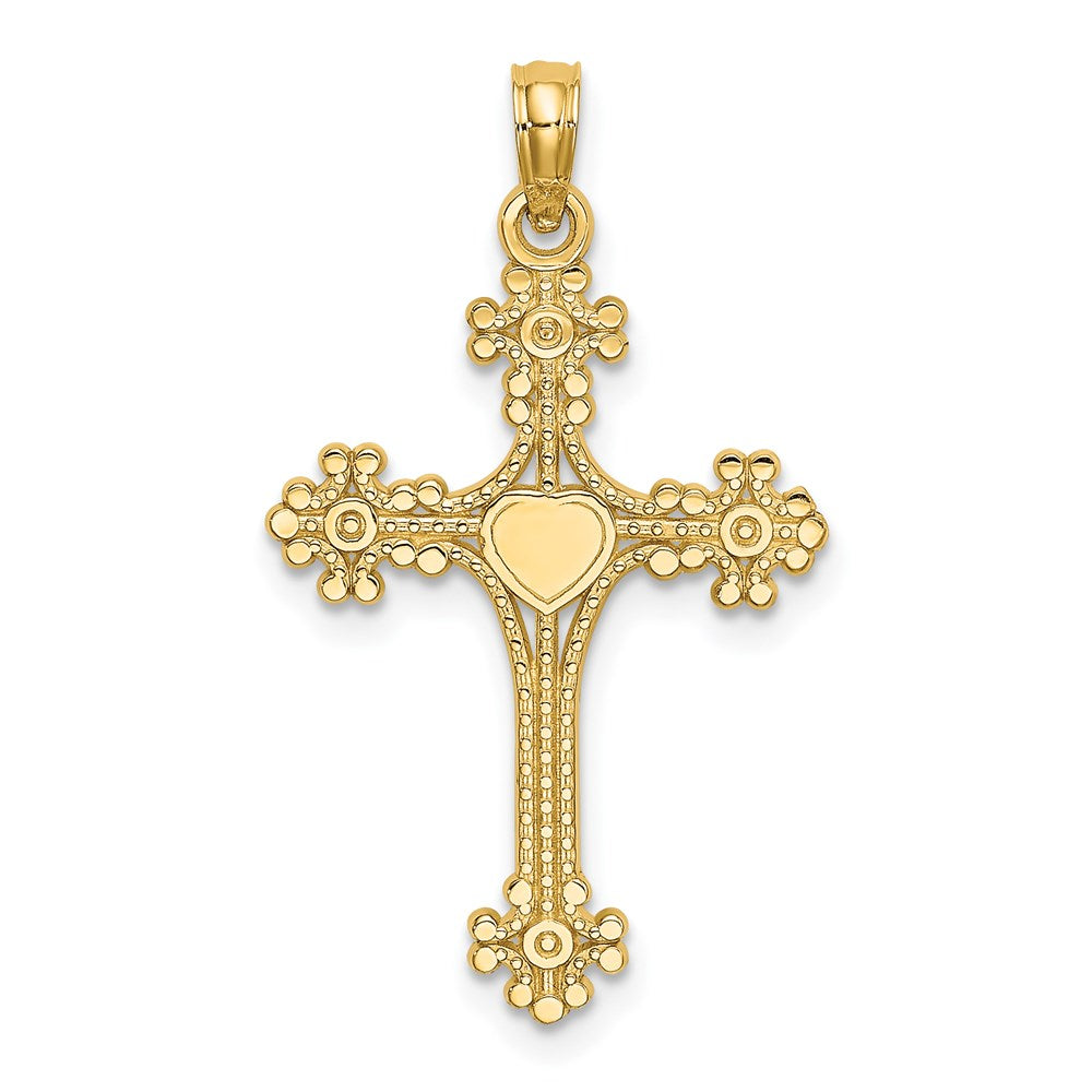 14k Yellow Gold 17 mm Beaded Tip Cross w/ Heart Center Charm (1.02 grams)