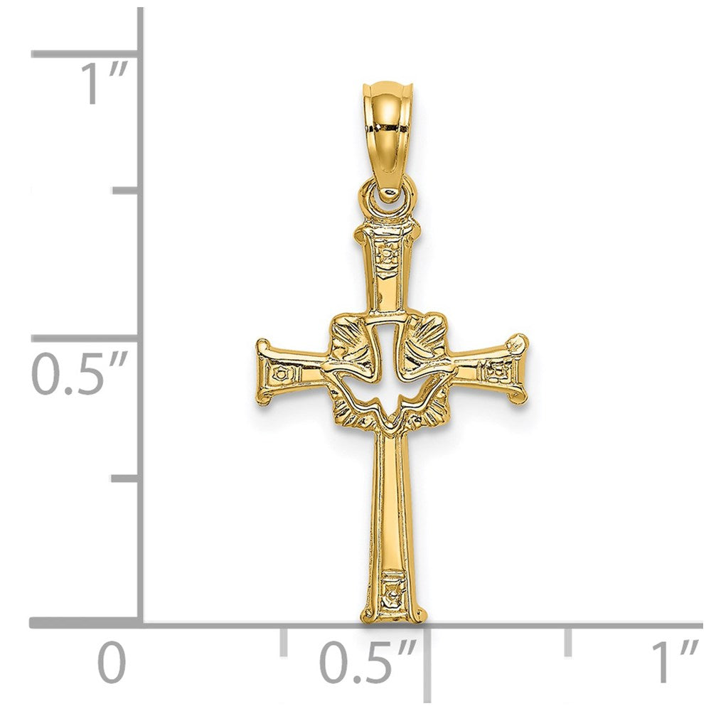 14k Yellow Gold 13 mm Polished and Engraved Cross and Dove Charm (0.67 grams)