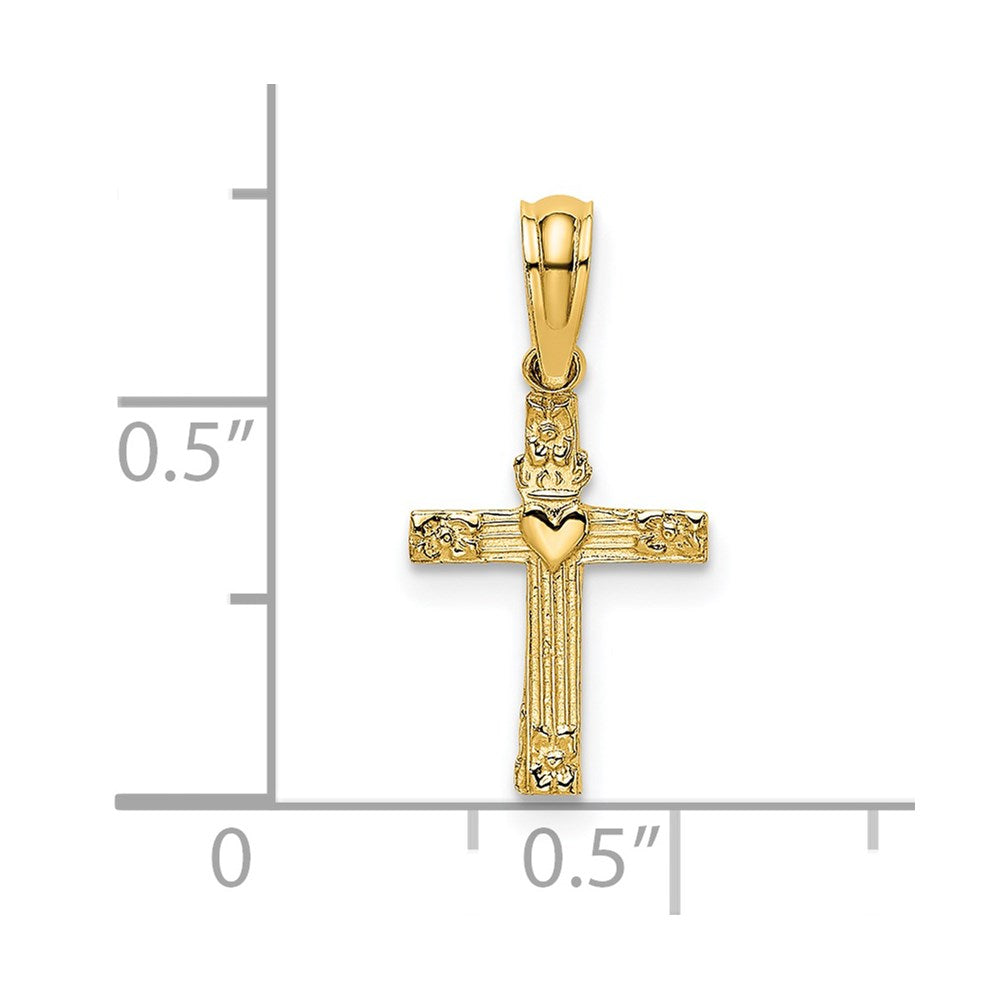 14k Yellow Gold 10 mm Textured Mini Cross w/ Heart Charm (0.28 grams)