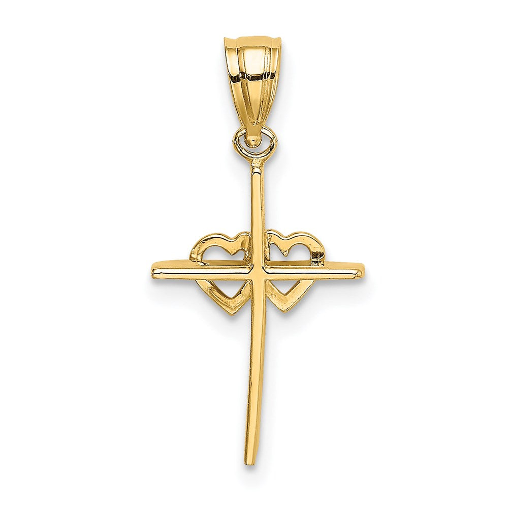 14k Yellow Gold 11 mm Polished Double Hearts On Stick Cross Charm (0.83 grams)