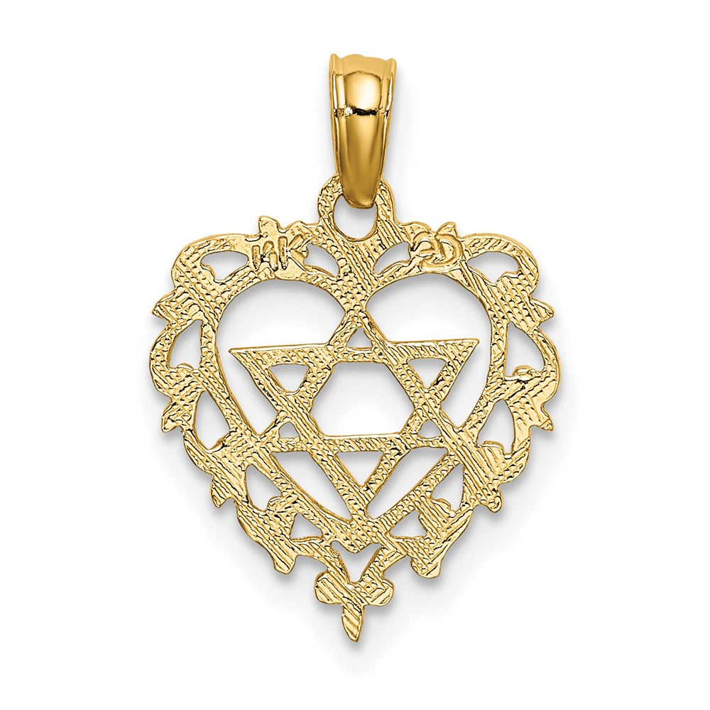 14k Yellow Gold 13 mm Textured Star Of David In Heart Charm