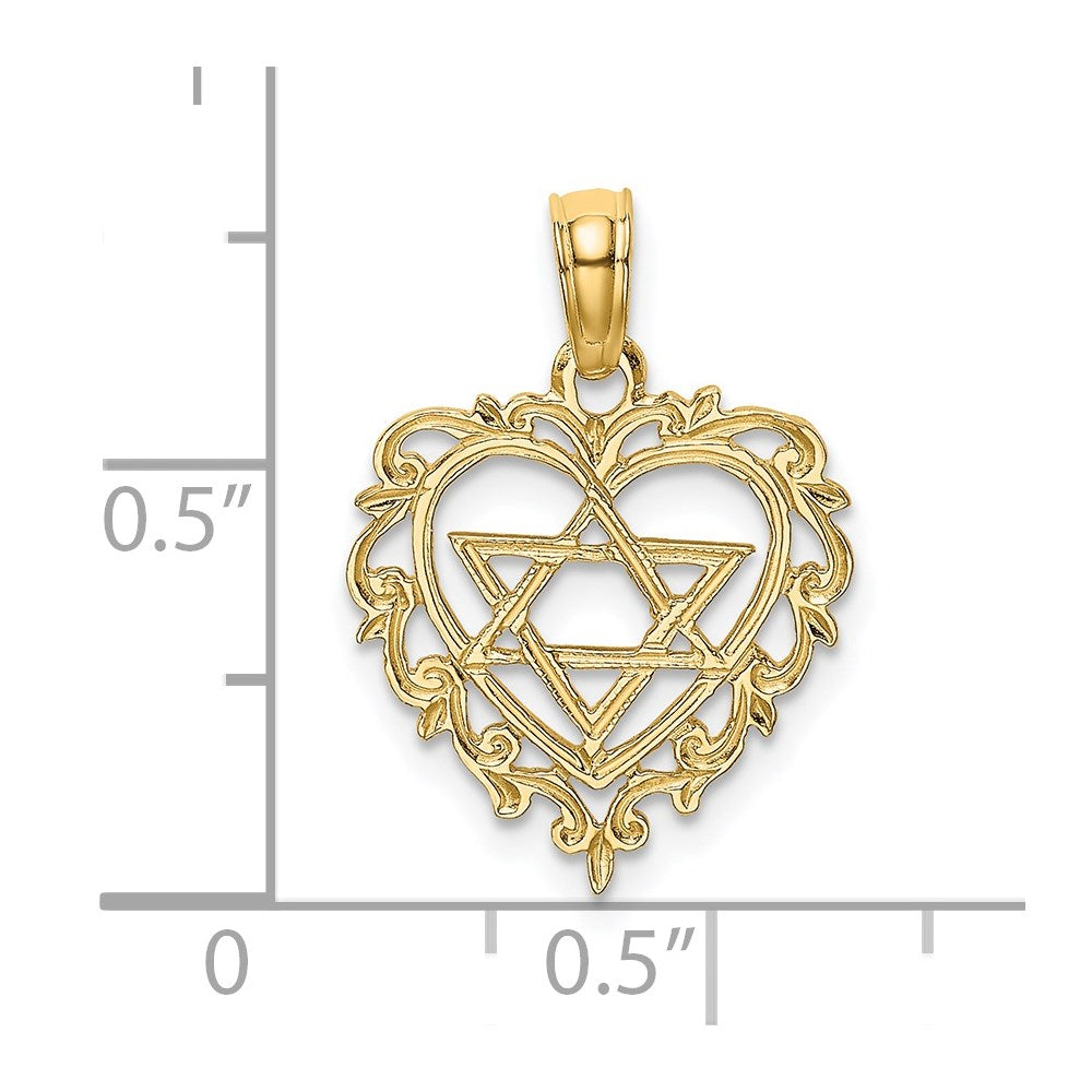 14k Yellow Gold 13 mm Textured Star Of David In Heart Charm