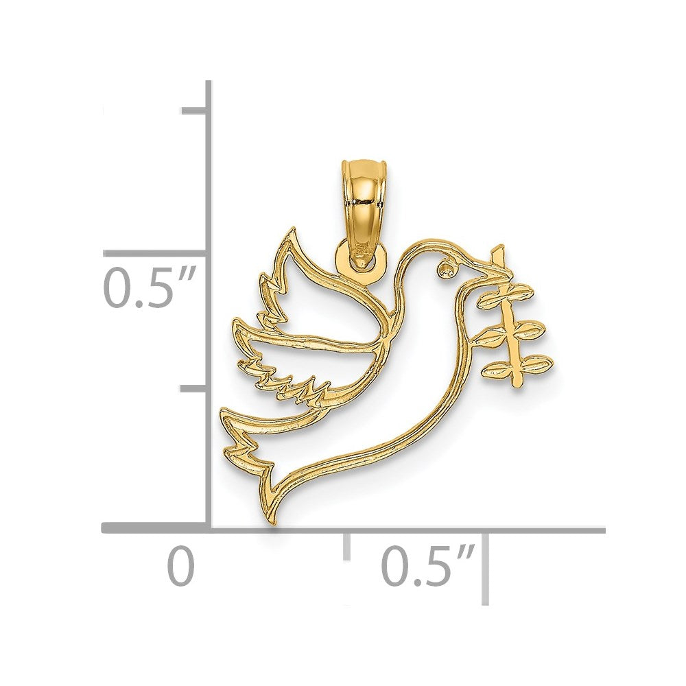 14k Yellow Gold 17 mm Cut-Out Dove with Olive Branch Charm (0.64 grams)