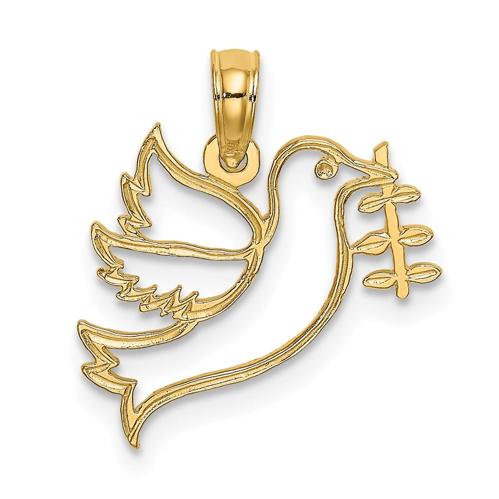 14k Yellow Gold 17 mm Cut-Out Dove with Olive Branch Charm (0.64 grams)
