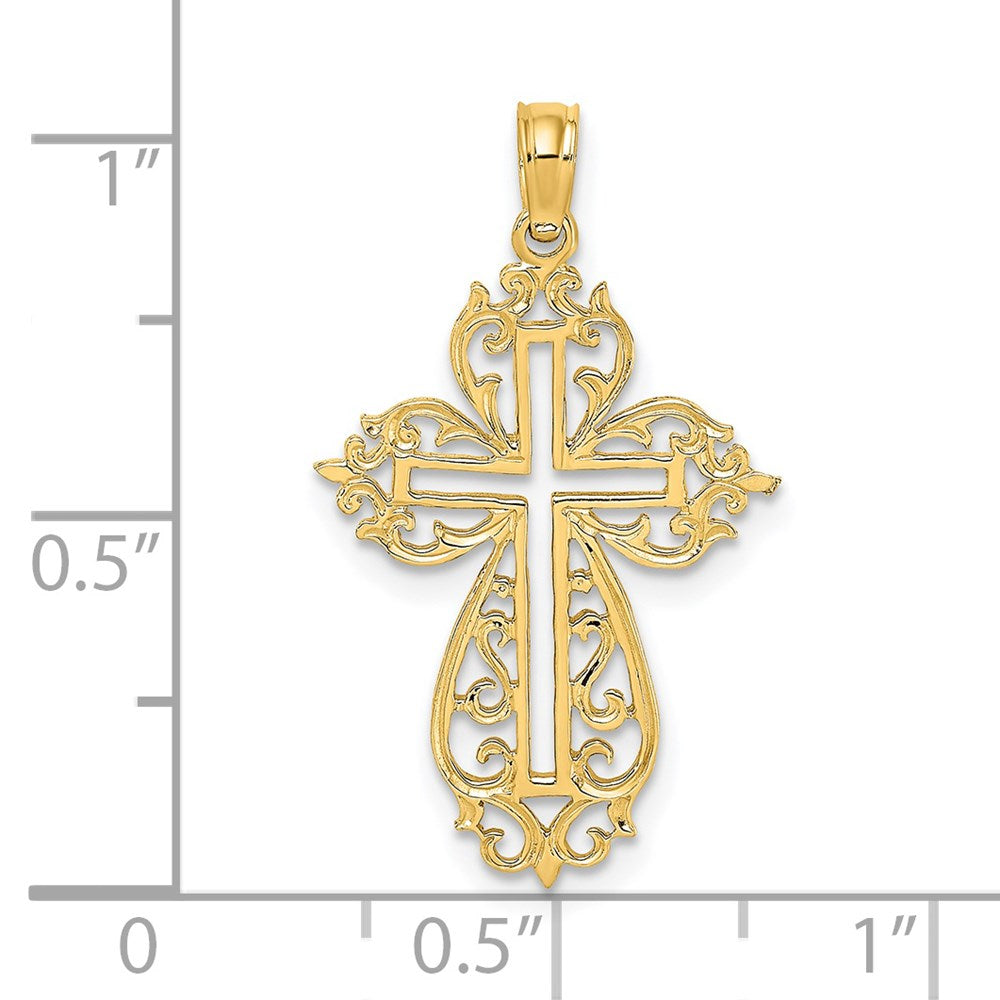 14k Yellow Gold 16 mm Cut-Out Scroll Framed Cross Charm (0.99 grams)