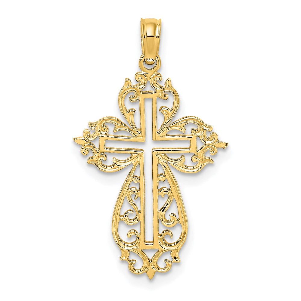 14k Yellow Gold 16 mm Cut-Out Scroll Framed Cross Charm (0.99 grams)