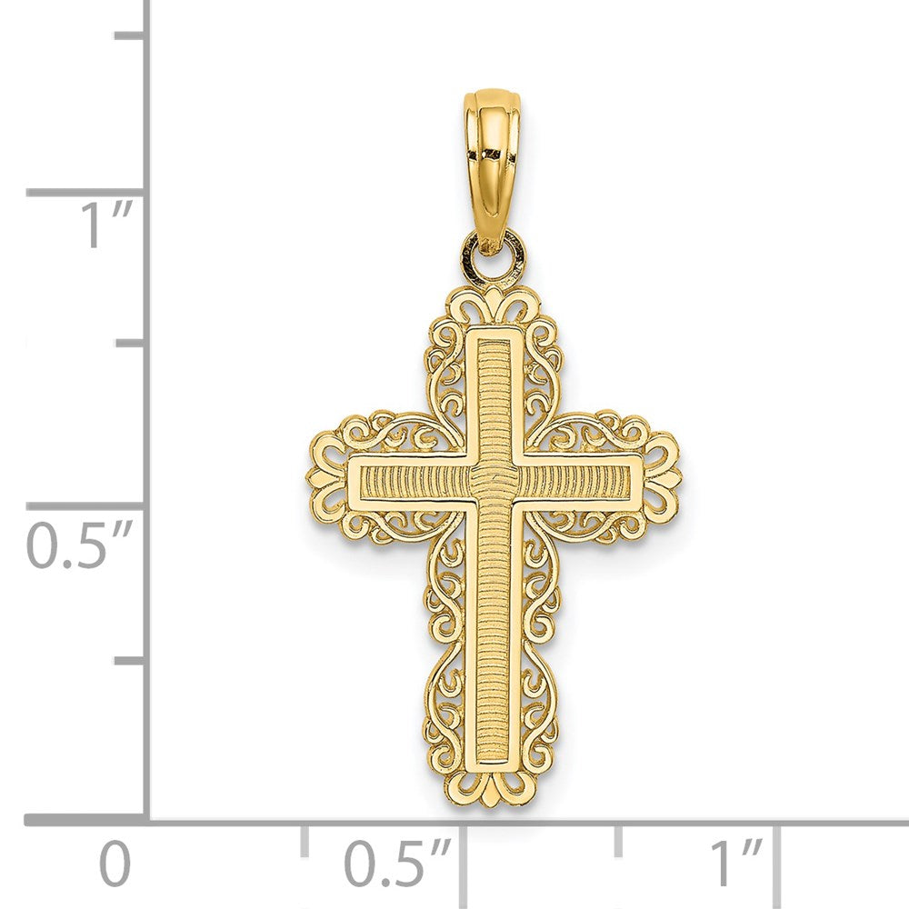 14k Yellow Gold 14 mm Textured w/ Lace Trim Cross Charm (0.9 grams)