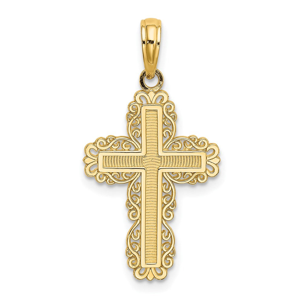 14k Yellow Gold 14 mm Textured w/ Lace Trim Cross Charm (0.9 grams)