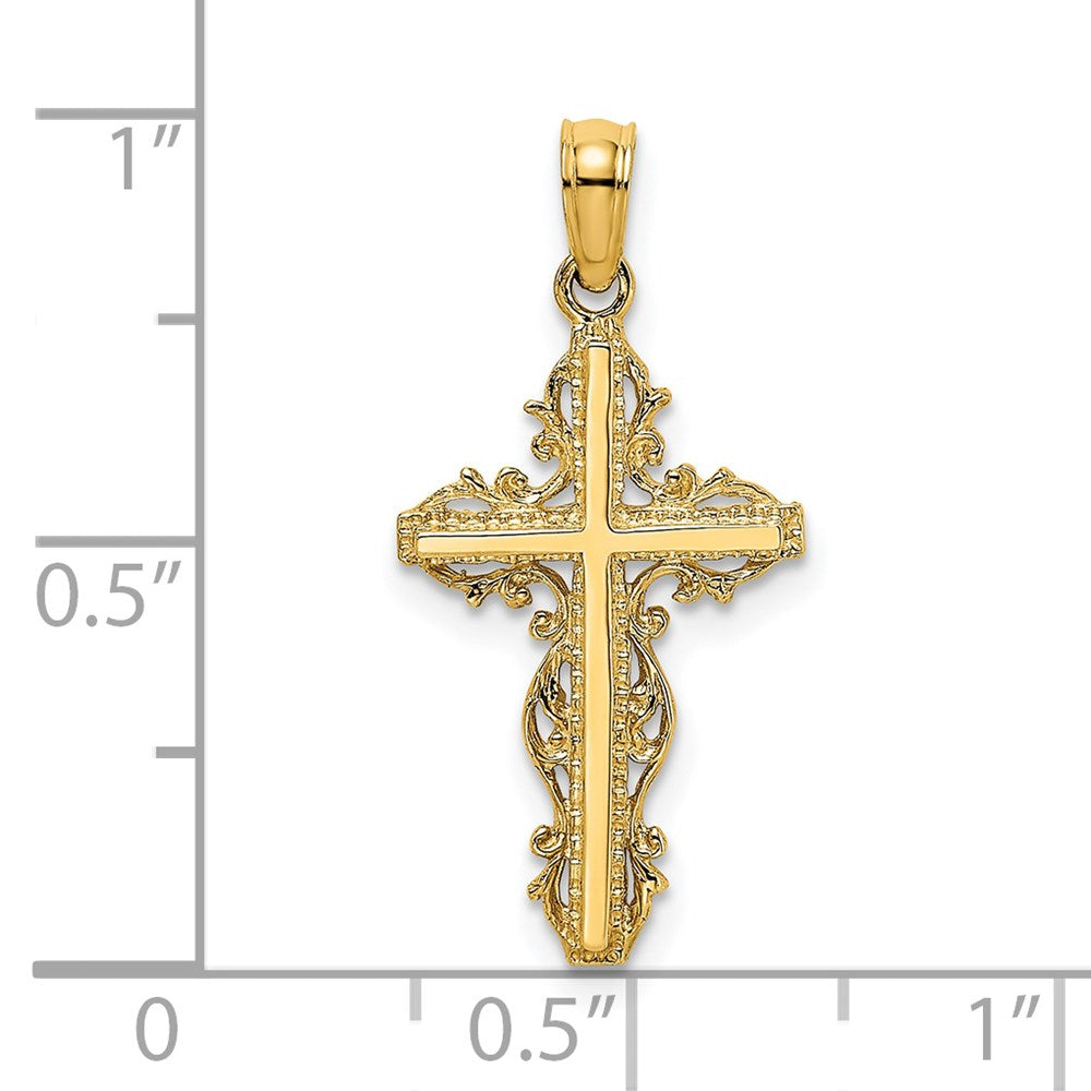 14k Yellow Gold 13 mm Stick Cross w/ Lace Trim Charm (1.15 grams)