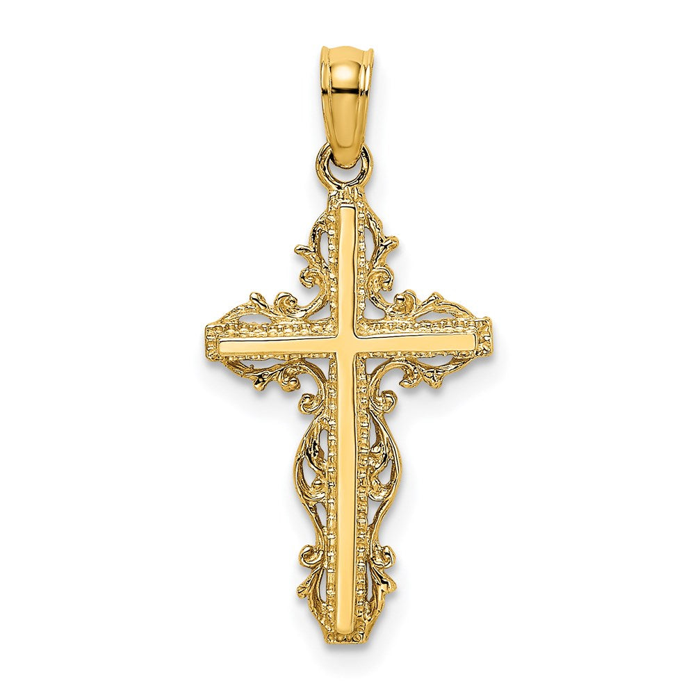 14k Yellow Gold 13 mm Stick Cross w/ Lace Trim Charm (1.15 grams)