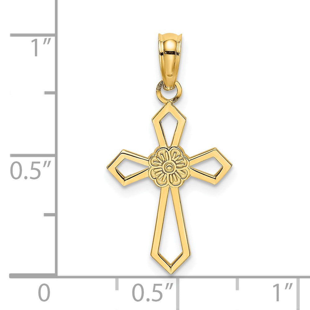 14k Yellow Gold 12 mm Cut-Out and Flat Cross W/ Flower Charm (0.53 grams)