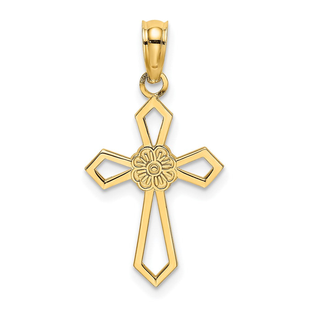 14k Yellow Gold 12 mm Cut-Out and Flat Cross W/ Flower Charm (0.53 grams)