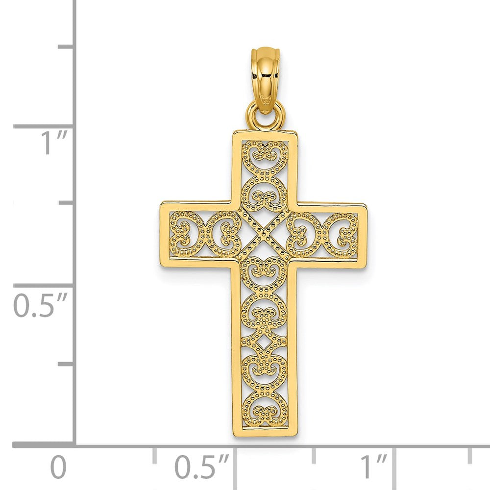 14k Yellow Gold 17 mm Polished Square Cross w/ Heart Design Charm (1.07 grams)