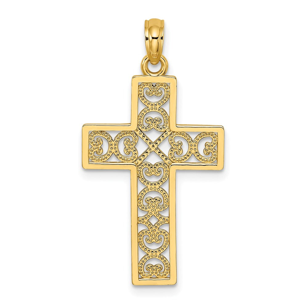 14k Yellow Gold 17 mm Polished Square Cross w/ Heart Design Charm (1.07 grams)