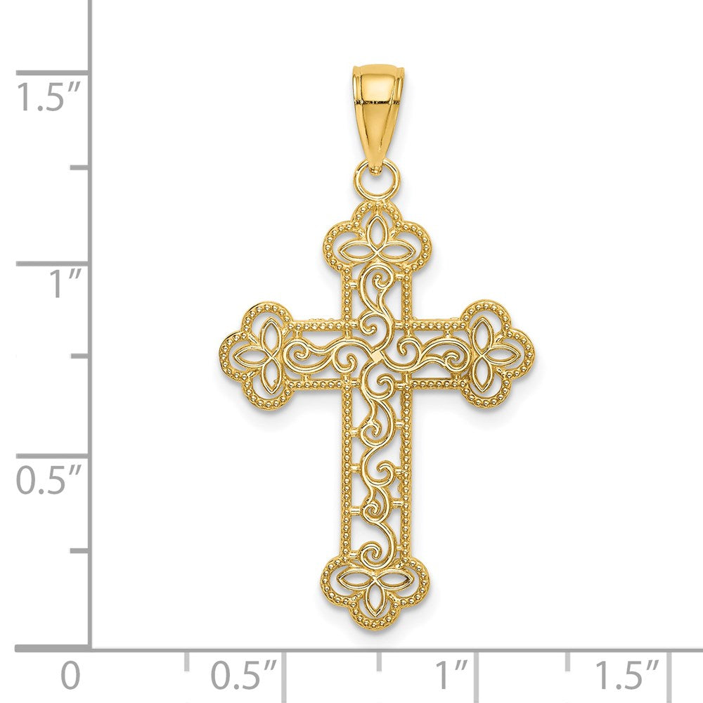 14k Yellow Gold 21 mm Textured and Beaded Edge Cross Charm (1.16 grams)