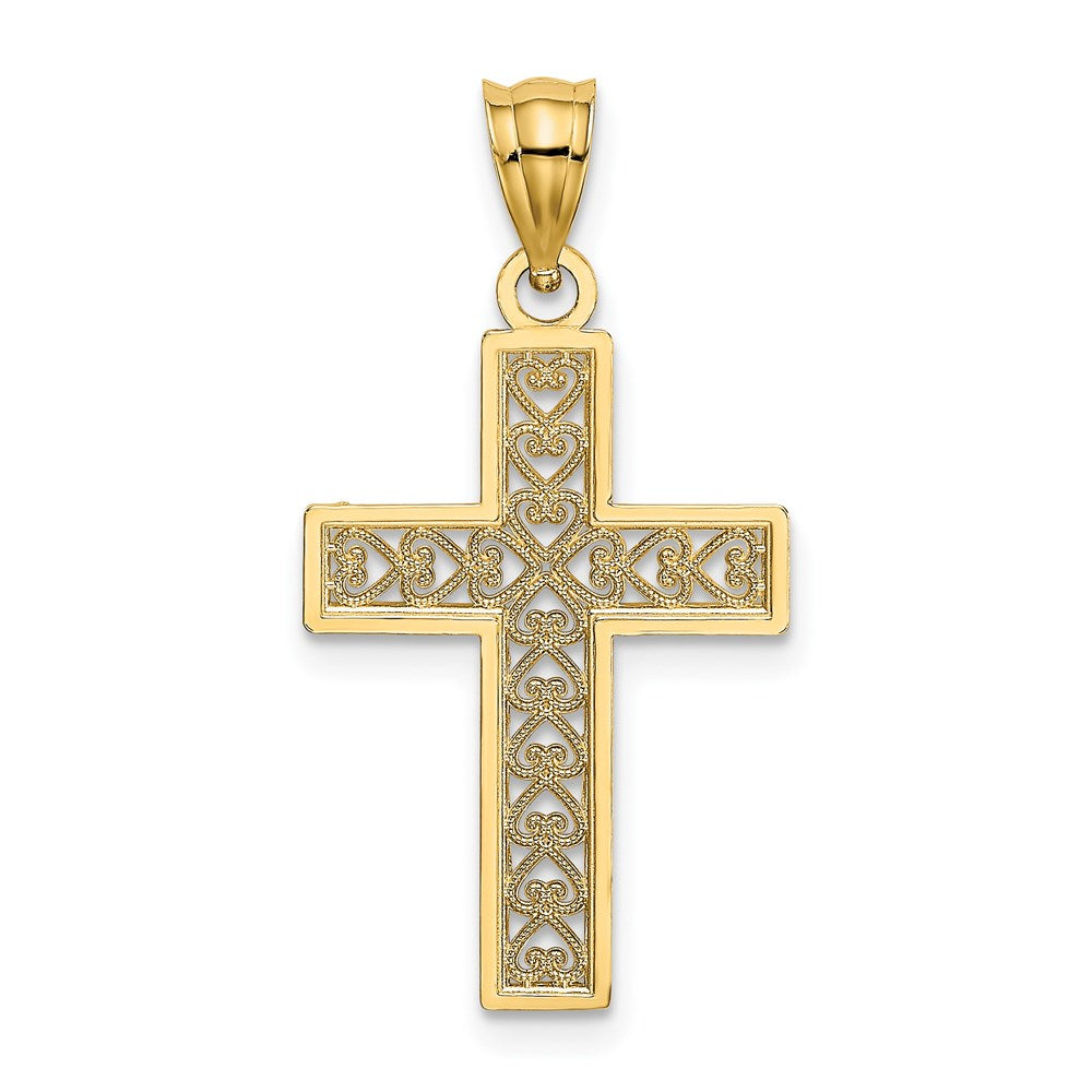 14k Yellow Gold 16 mm D/C Edge and Filigree Center Cross Charm (0.96 grams)