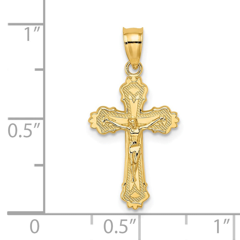14k Yellow Gold 12 mm W/ Textured Scalloped Edge Crucifix Charm (0.76 grams)
