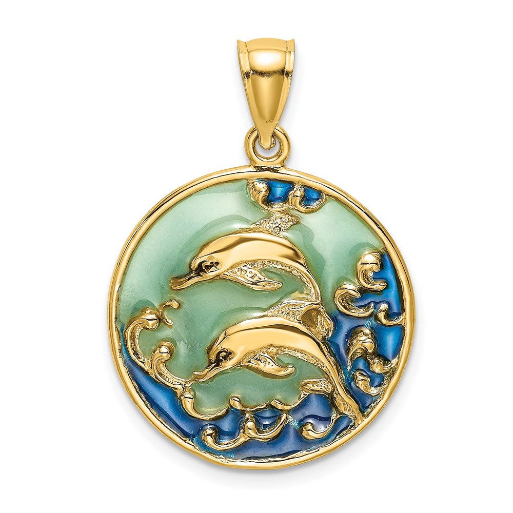 14k Yellow Gold 20 mm 2-D Dolphins w/Blue Enameled Charm (2.67 grams)