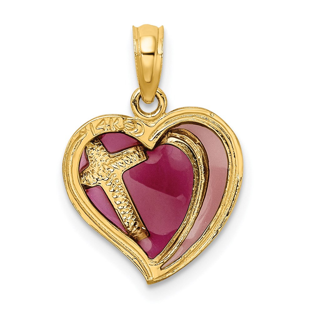 14k Yellow Gold 12 mm W/ Purple Enamel Cross Heart Charm (0.99 grams)