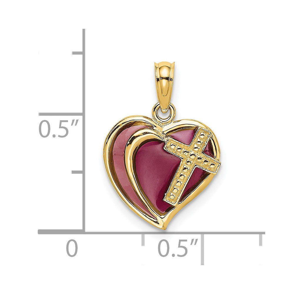 14k Yellow Gold 12 mm W/ Purple Enamel Cross Heart Charm (0.99 grams)