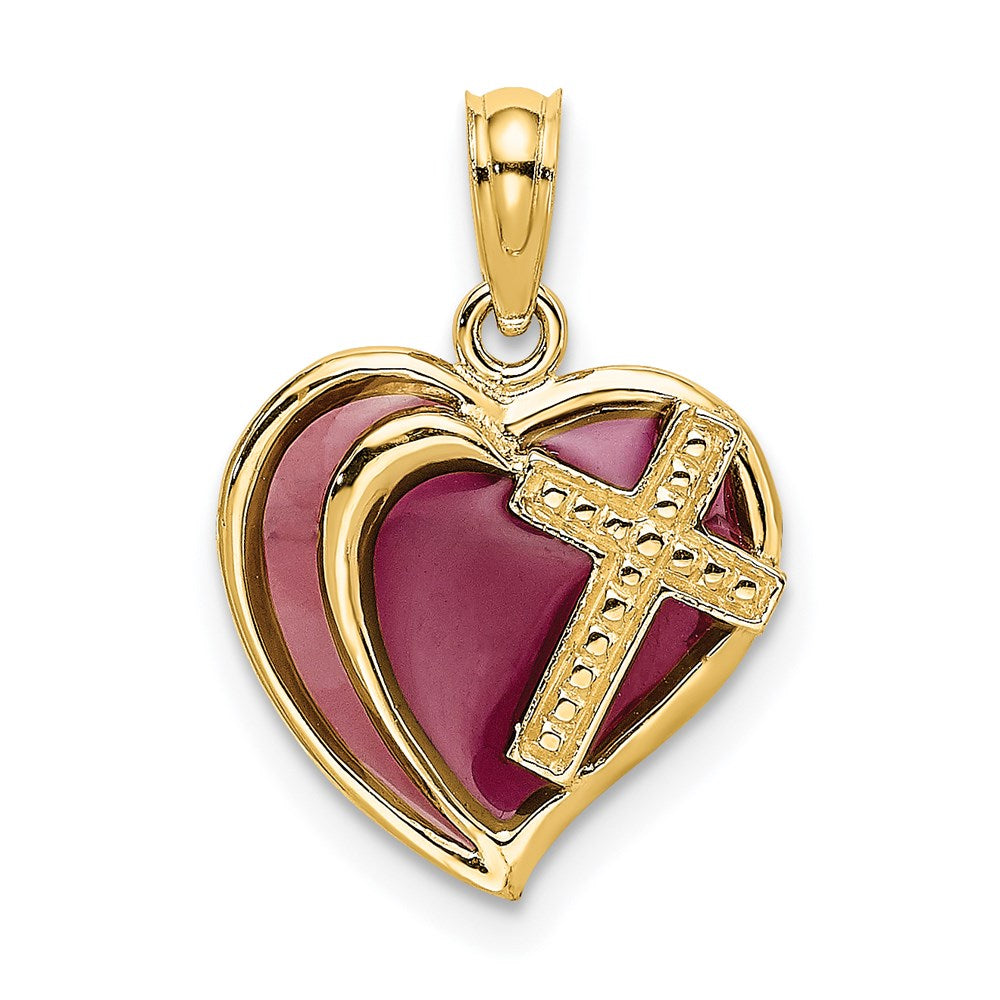 14k Yellow Gold 12 mm W/ Purple Enamel Cross Heart Charm (0.99 grams)