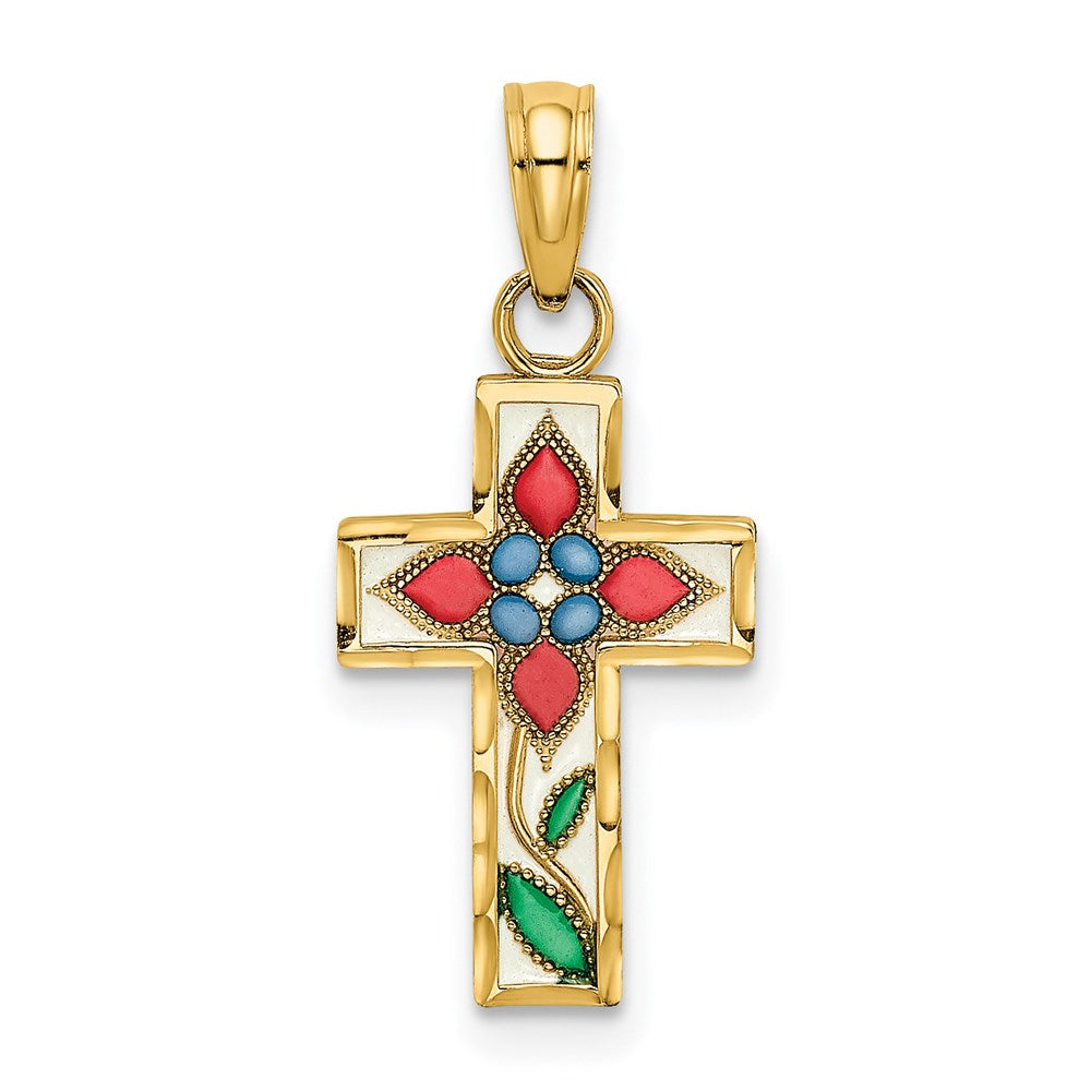 14k Yellow Gold 11 mm Enameled W/ Flower Cross Charm (0.66 grams)
