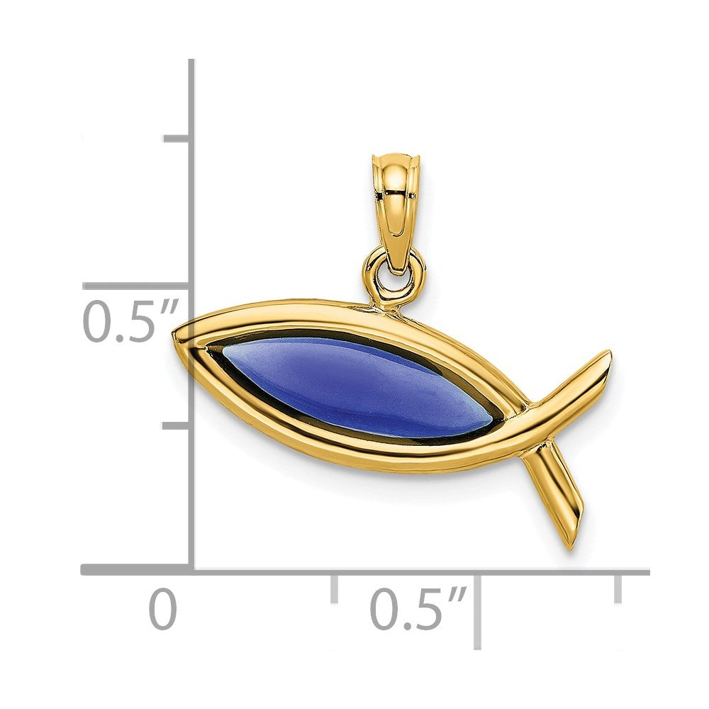 14k Yellow Gold 21 mm Horizontal Blue Enameled Ichthus Charm (1.09 grams)