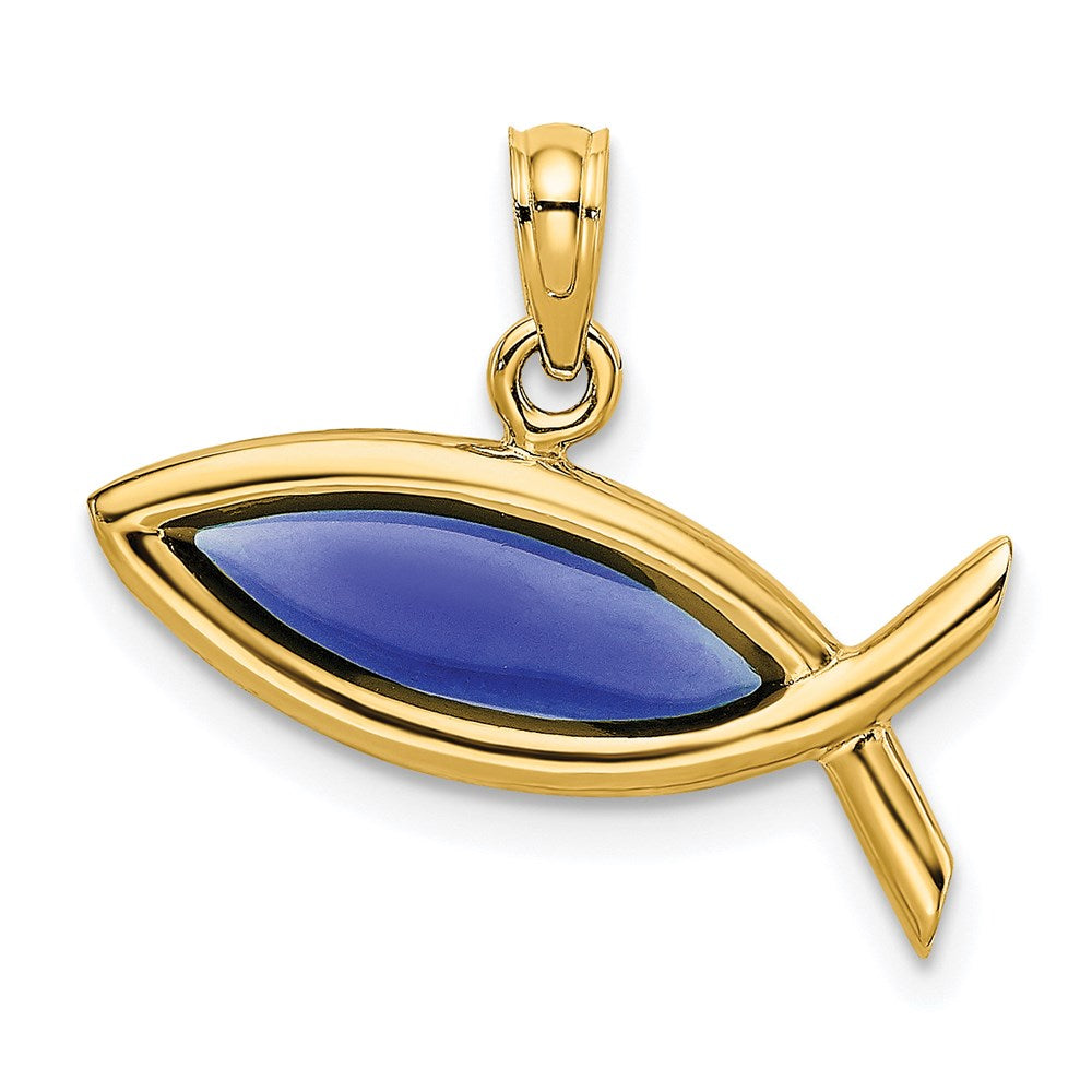 14k Yellow Gold 21 mm Horizontal Blue Enameled Ichthus Charm (1.09 grams)