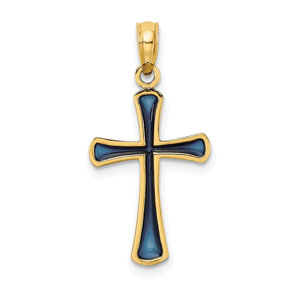14k Yellow Gold 13 mm Blue Enameled Tapered Cross Charm (0.85 grams)