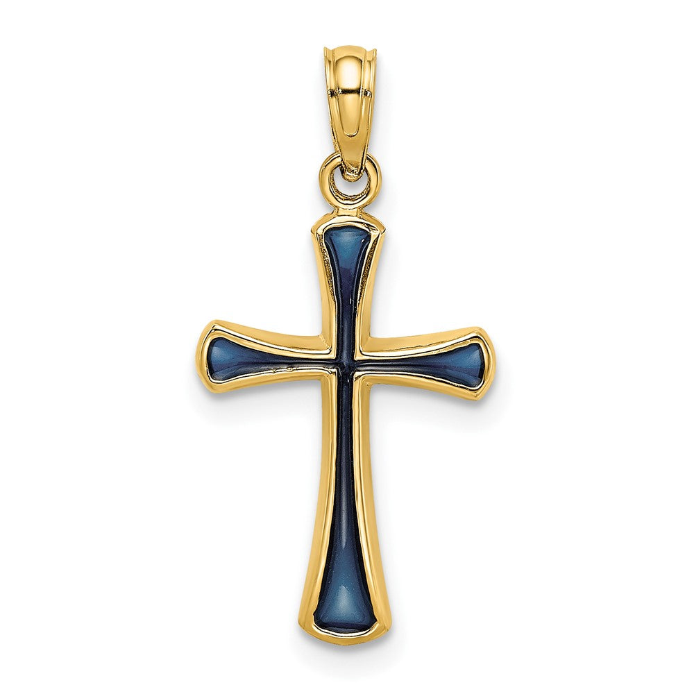 14k Yellow Gold 13 mm Blue Enameled Tapered Cross Charm (0.85 grams)