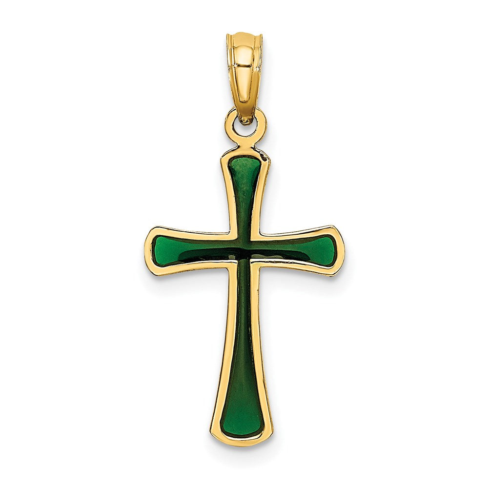 14k Yellow Gold 13 mm Green Enameled Tapered Cross Charm (0.83 grams)