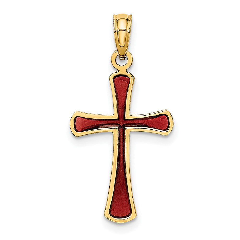 14k Yellow Gold 13 mm Pink Enameled Tapered Cross Charm (0.82 grams)
