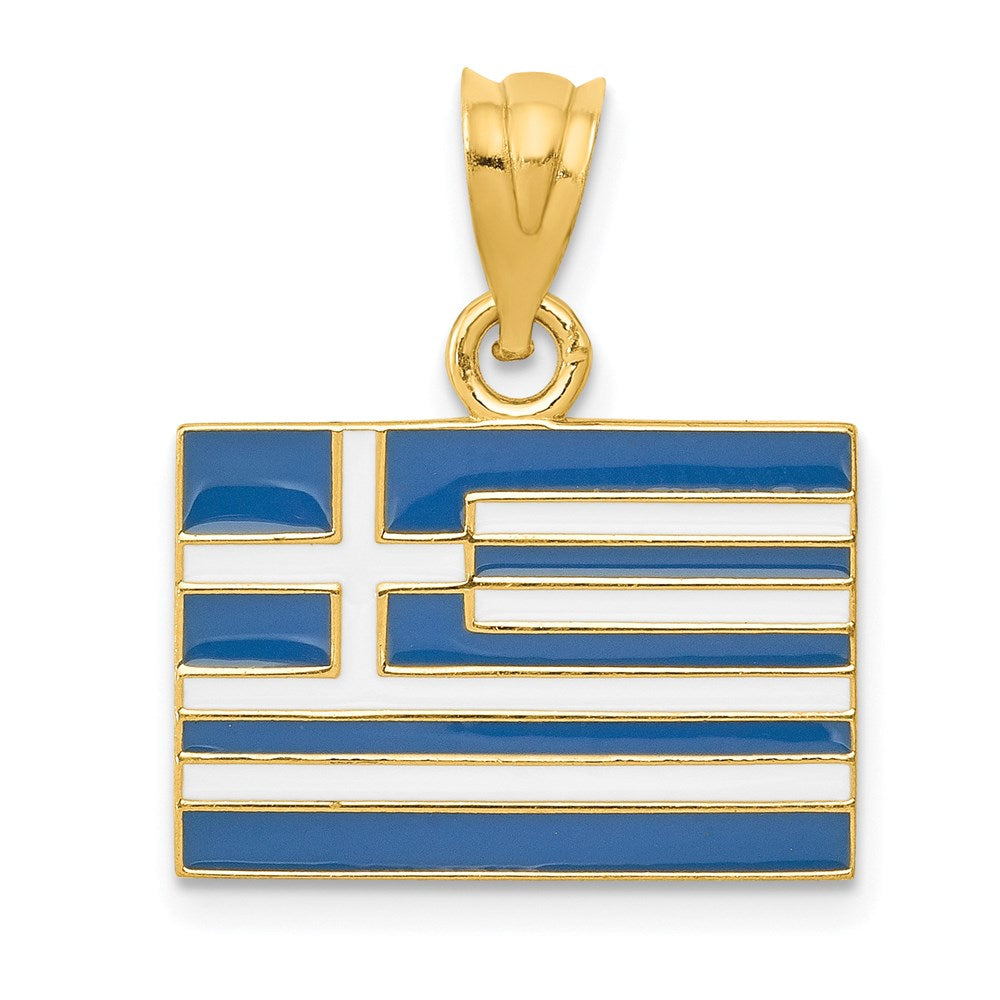 14k Yellow Gold 18 mm Solid Enameled Greece Flag Pendant (1.43 grams)