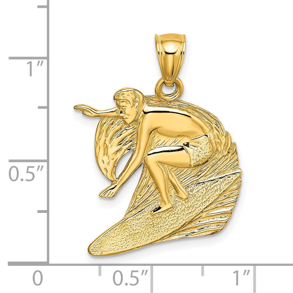 14k Yellow Gold 19.75 mm Polished and Textured Surfer and Wave Charm (2.73 grams)
