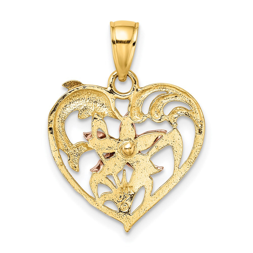 14k Two-tone 17.8 mm  Dolphin and Starfish In Heart Charm (1.61 grams)
