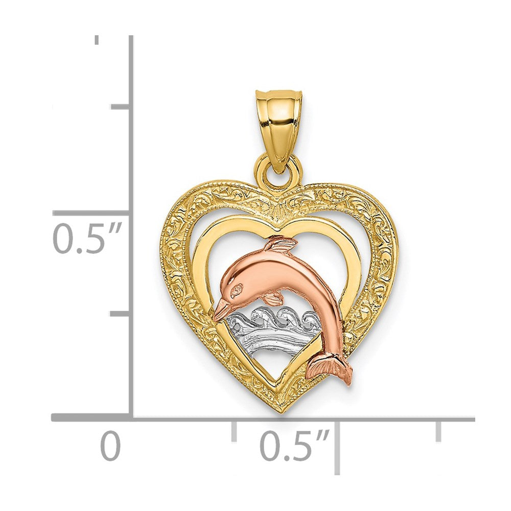 14k Two-tone 15.7 mm  Dolphin In Heart Charm (1.21 grams)