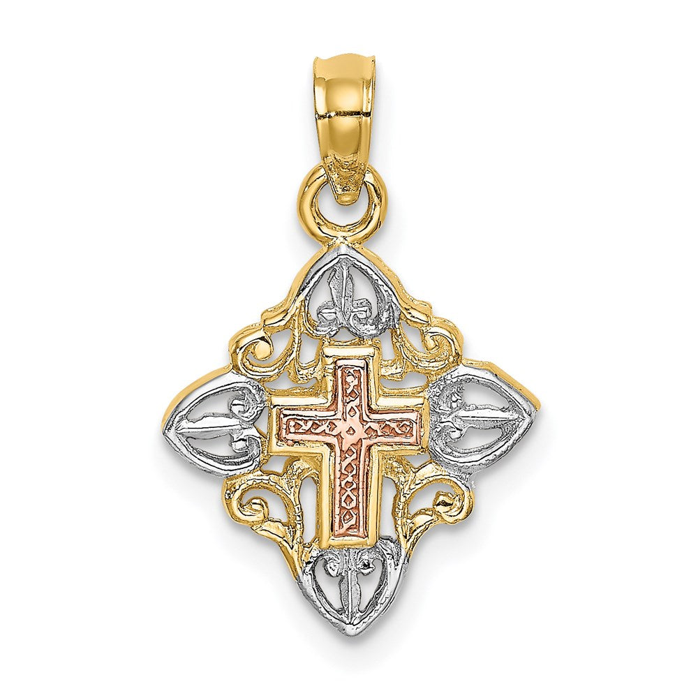 14k Two-tone 13 mm  Cross Inside Frame Charm (0.95 grams)