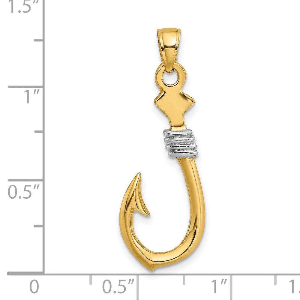 14k Yellow & Rhodium 12.5 mm  3-D Fish Hook With Rope Charm (2.5 grams)