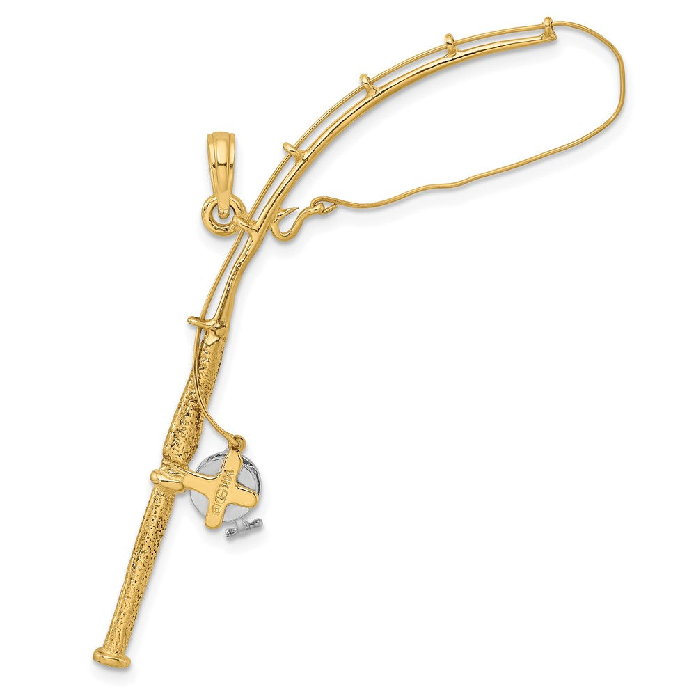 14k Yellow & Rhodium 17 mm  3-D Moveable Fishing Pole W/ Reel Charm (2.97 grams)